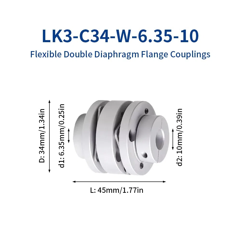Acoplamiento De Diafragma De Brida Flexible De 6,35 mm a 10 mm, Acoplador De Eje De Motor De 2 Diafragmas De Aluminio D34 L45 Para Impresora 3D, Máquina CNC, Servomotor