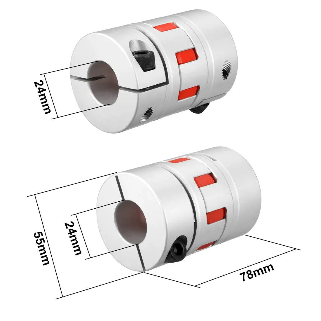 sourcing map Acoplamiento Flexible de Eje de 24mm a 24mm, Acoplador 78mm Longitud 55mm Diámetro, Conector de Aleación de Aluminio para Servomotor Paso a Paso