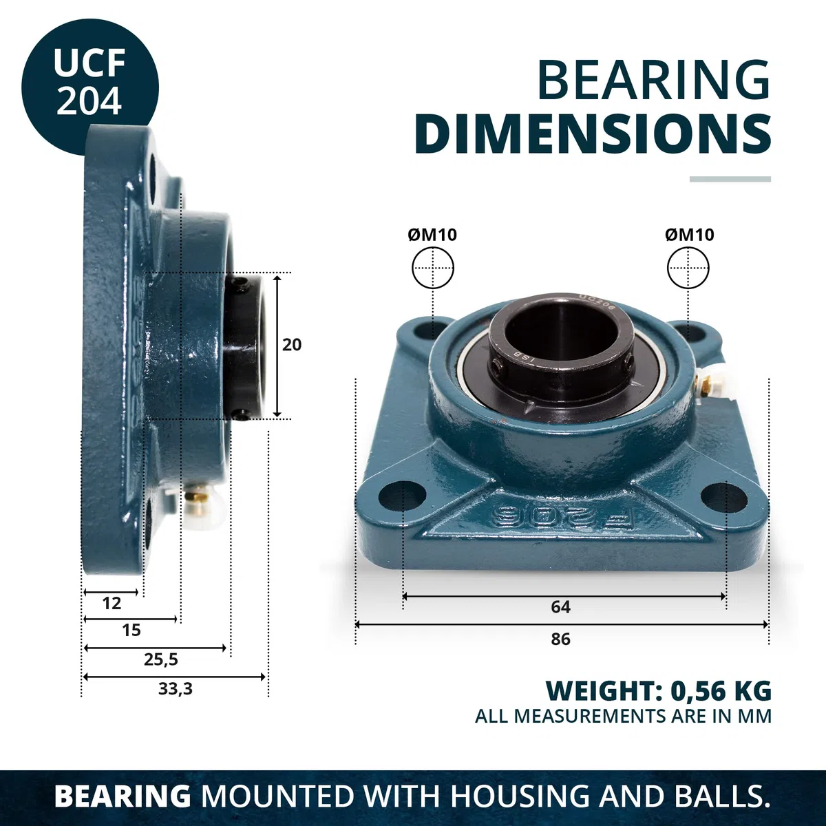 DOJA Barcelona | Rodamientos con Soporte UCF 204 | Rodamiento de Bolas UC204 para Eje Ø 20mm | Soporte F204 | Rodamientos de Bolas Acero | Cojinetes y Rodamientos para Usos Industriales y Generales