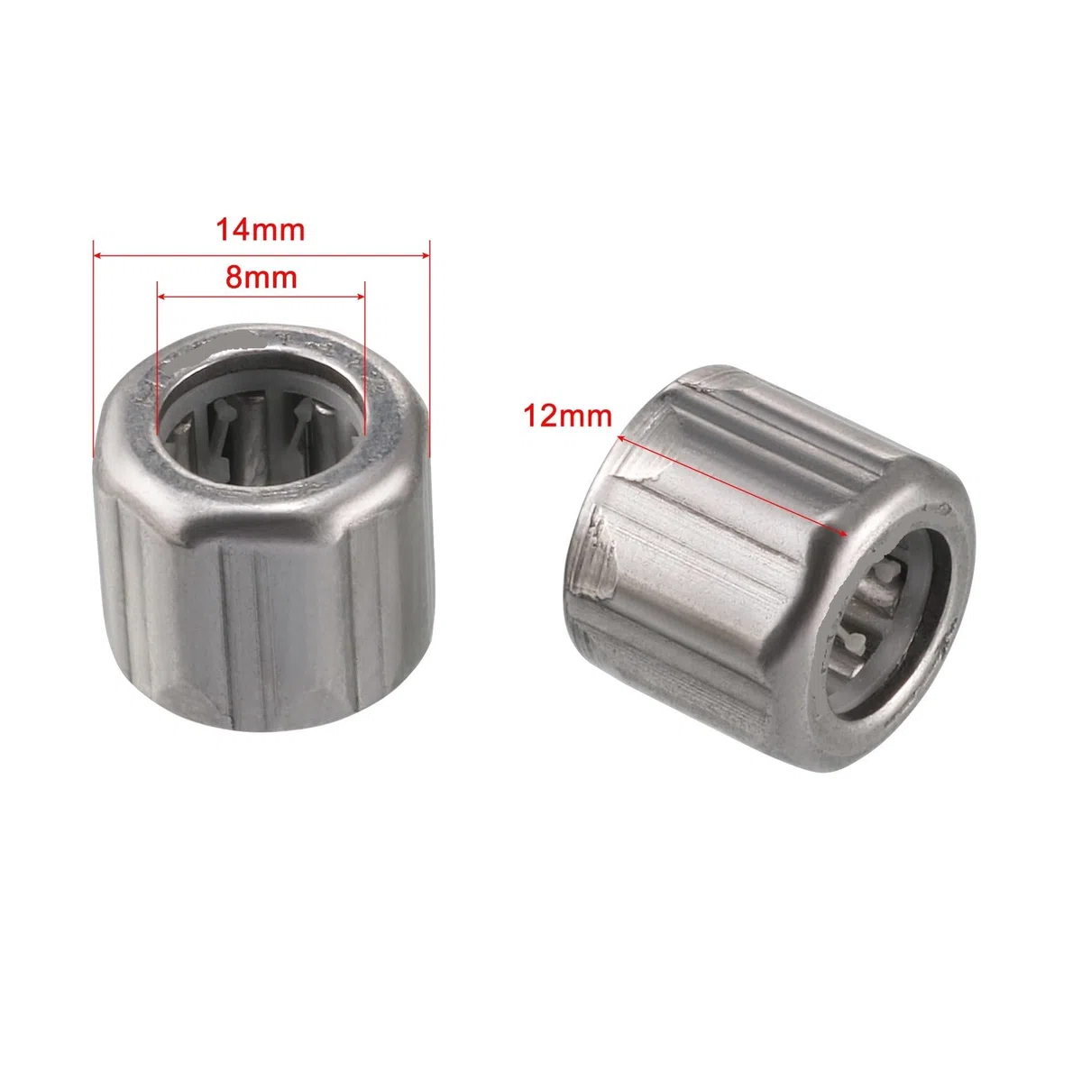 Rodamientos de agujas de acero cromado de 8 mm de diámetro interior, 14 mm de diámetro exterior y 12 mm de ancho. Cojinete de embrague unidireccional (2 unidades).
