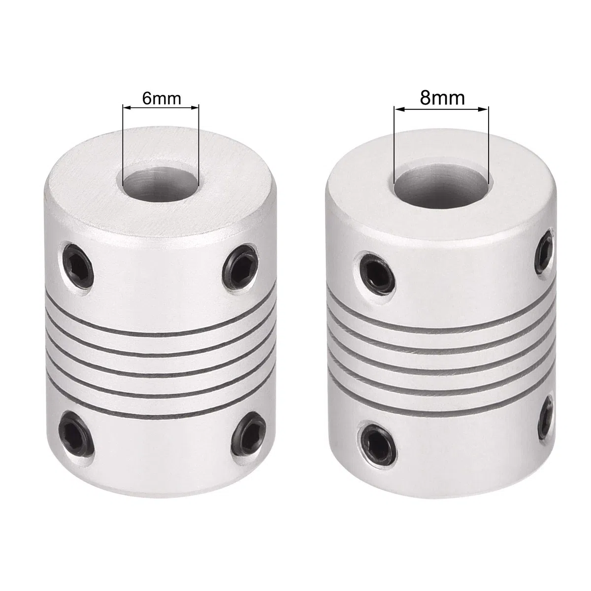 sourcing map 6mm a 8mm Aluminio Aleación Eje Acoplamiento Flexible Acoplador Motor Conector Junta L25xD19 Plateado, 5uds.