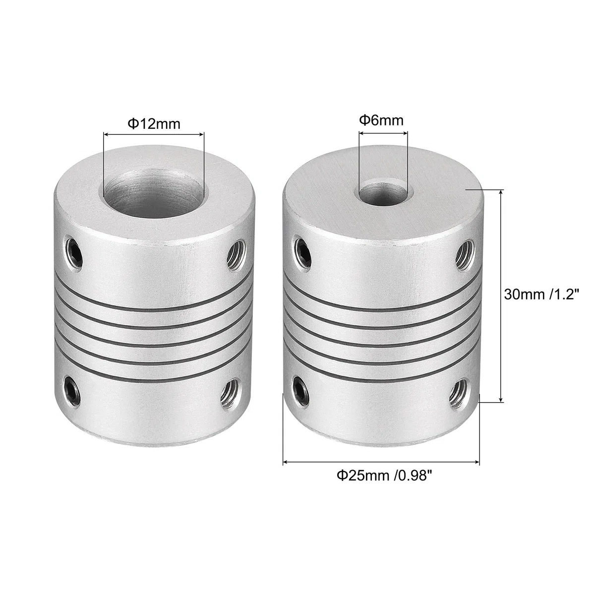 sourcing map 12 mm a 6 mm aleación de aluminio eje acoplamiento acoplador flexible motor conector junta L30xD25 plata 2 unids