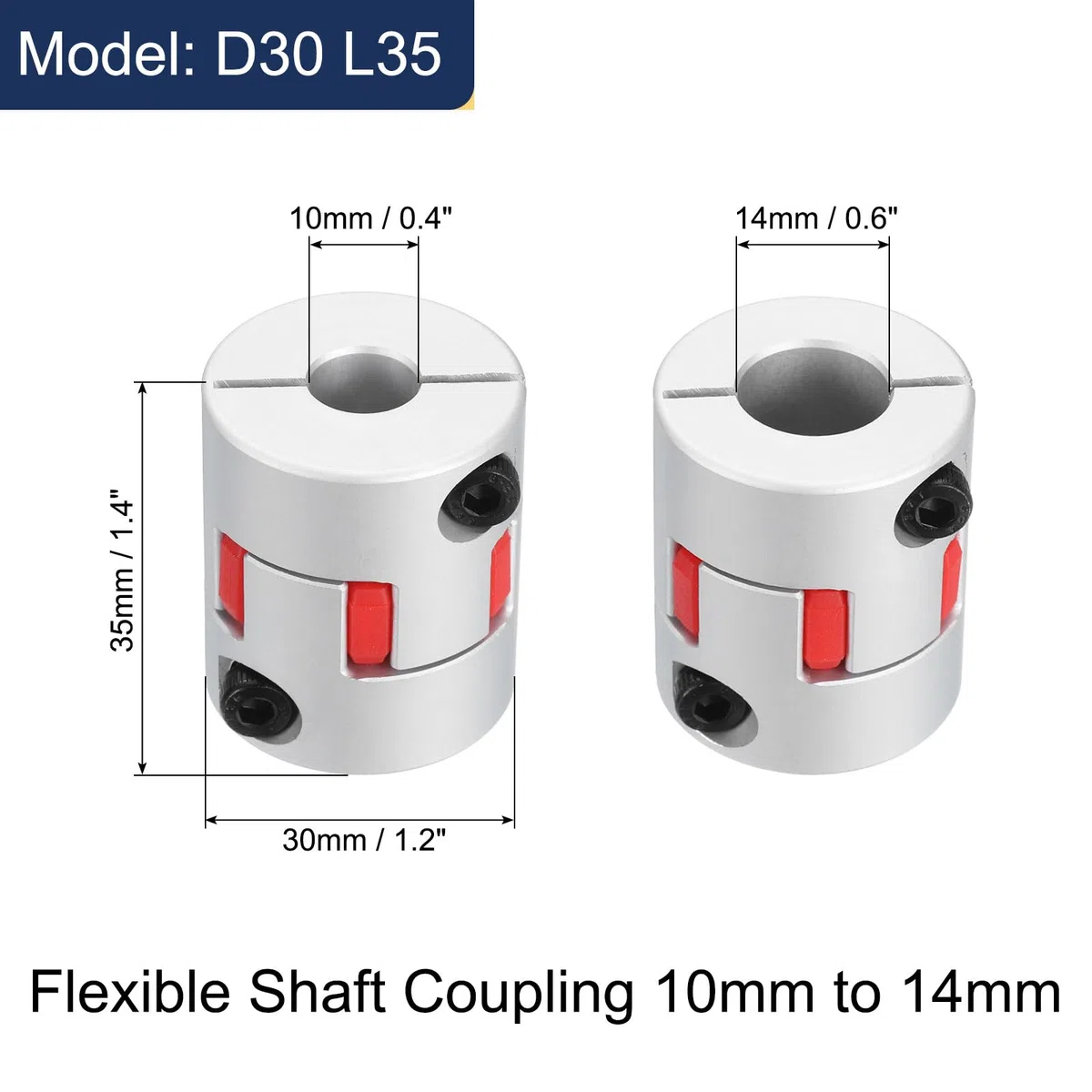 QUARKZMAN 2pcs D30 L35 10mm a 14mm Flexible Ciruela Eje Acoplamiento Aluminio Motor Conector Flexible Araña Acoplador para 3D Impresora CNC Máquina (Plateado Tono/Rojo)