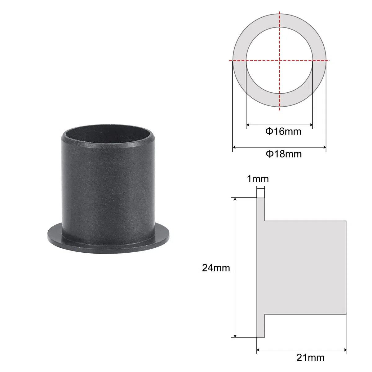 sourcing map Brida Manga Rodamientos 16mm Interior Diámetro 18mm OD 21mm Longitud POM Envuelto Aceite Sin Bujes Negro 2uds