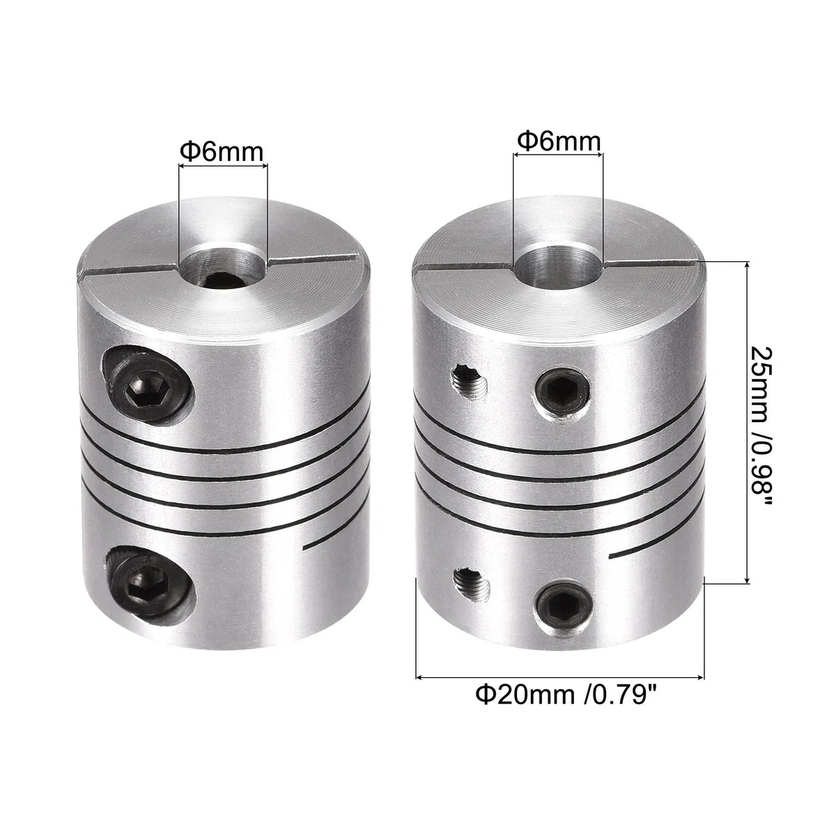 sourcing map Acoplamiento de Eje de 6mm a 6mm, Acoplador de Viga Helicoidal 25mm Longitud 20mm Diámetro, Conector de Aleación de Aluminio, Accesorios para Motor, 2 Pcs