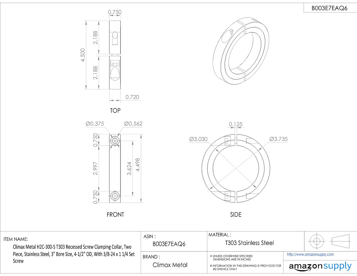 h2 C-300-s T303 empotrable cuello de sujeción de tornillo, de dos piezas, acero inoxidable, 3 "Bore tamaño, 4 – 1/2" OD, con 3/8 – 24 x 1 1/4 de tornillo