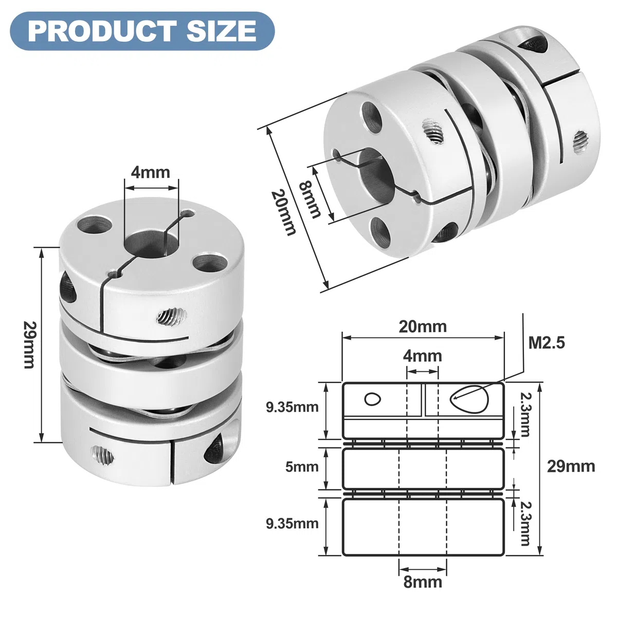 Acoplador De Diafragma Junta Flexible, D20 L29 Conector de motor de acoplamiento de eje flexible de aluminio, para impresora 3D, Motor paso a paso CNC (4 x 8 mm)