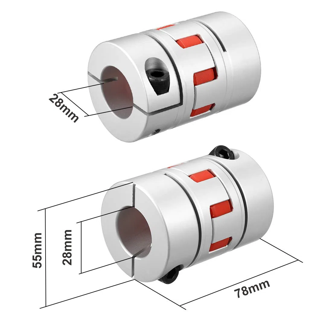 sourcing map Acoplamiento Flexible de Eje de 28mm a 28mm, Acoplador 78mm Longitud 55mm Diámetro, Conector de Aleación de Aluminio para Servomotor Paso a Paso