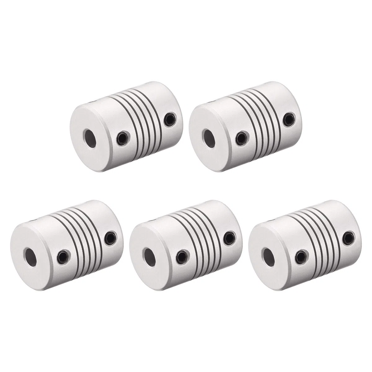 sourcing map 5mm a 5mm Aluminio Aleación Eje Acoplamiento Flexible Acoplador Motor Conector Junta L25xD19 Plateado, 5uds.