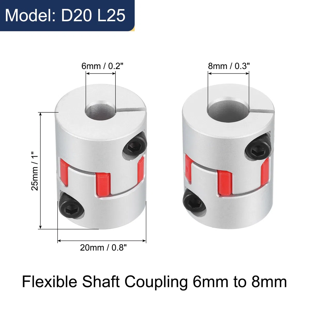 QUARKZMAN 3pcs D20 L25 6mm a 8mm Flexible Ciruela Eje Acoplamiento Aluminio Motor Conector Flexible Araña Acoplador para 3D Impresora CNC Máquina (Plateado Tono/Rojo)