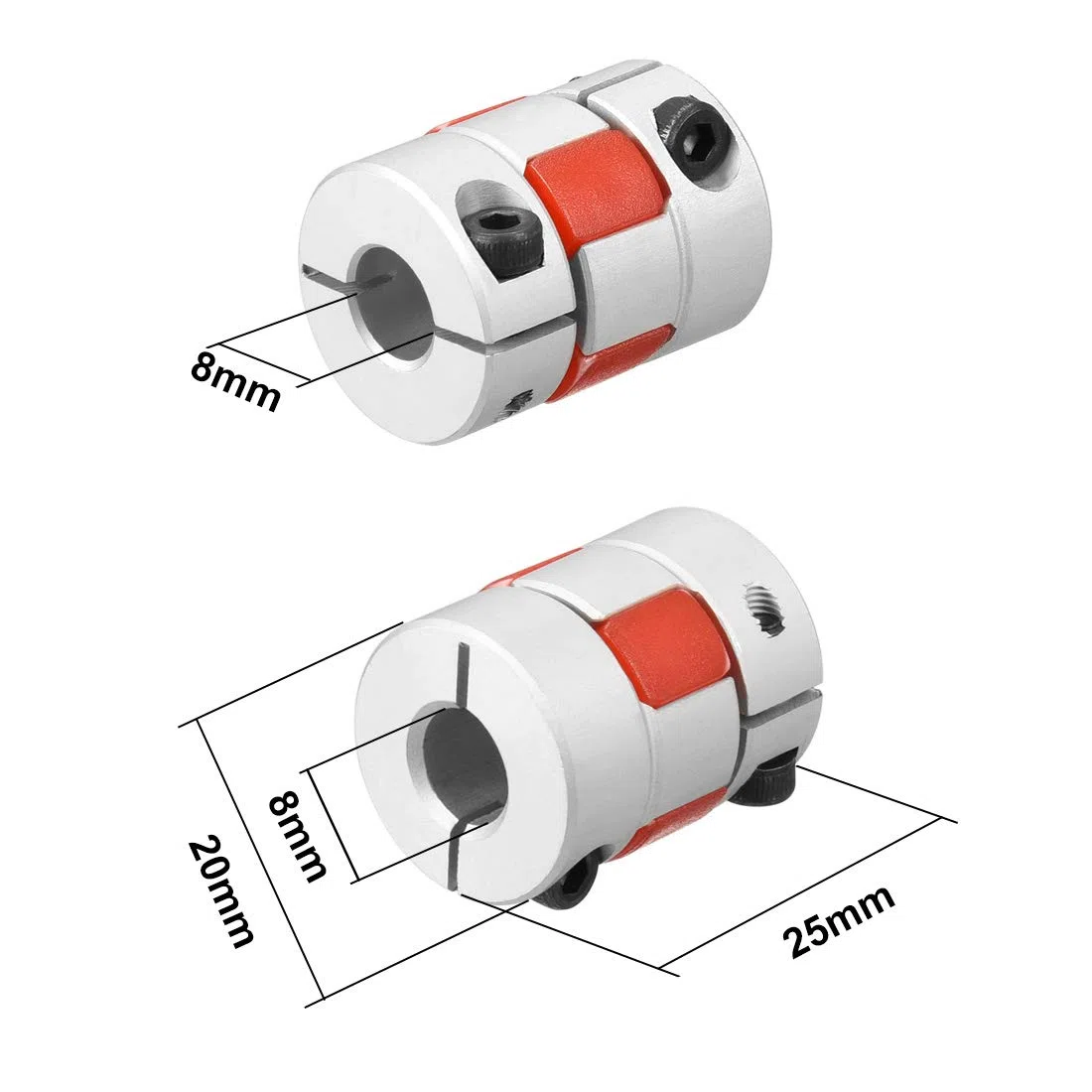 sourcing map Acoplamiento Flexible de Eje de 8mm a 8mm, Acoplador 25mm Longitud 20mm Diámetro, Conector de Aleación de Aluminio para Servomotor Paso a Paso, 2 Pcs