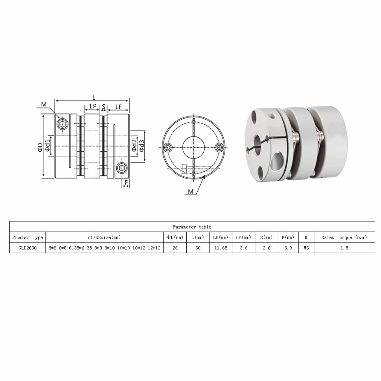 CHANCS D26 L30 Accouplement flexible d'une roue de moteur à diaphragme de 8 mm d'alésage à un collier de serrage étroit de 8 mm pour machines à servomoteur CNC