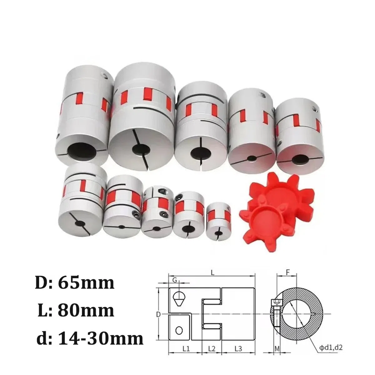 Acoplamiento flexible de ciruela Acoplador de abrazadera Flexible de ciruela serie LM, 1 unidad, D65 L80, tamaño de eje D65L80, parejas de 14mm-30mm.(20x24mm)