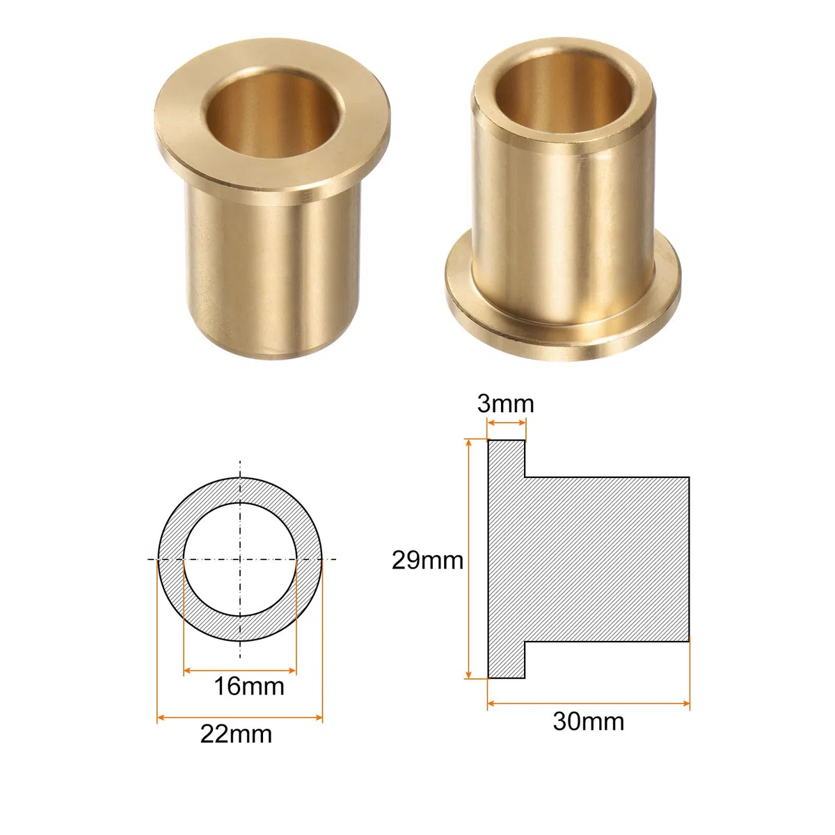 QUARKZMAN Brida Cojinete Manguito 16mm Interior Diámetro 22mm OD 30mm Longitud 3mm Brida Grosor Bronce Buje Autolubricantes Bujes Manguito para Industriales Equipos