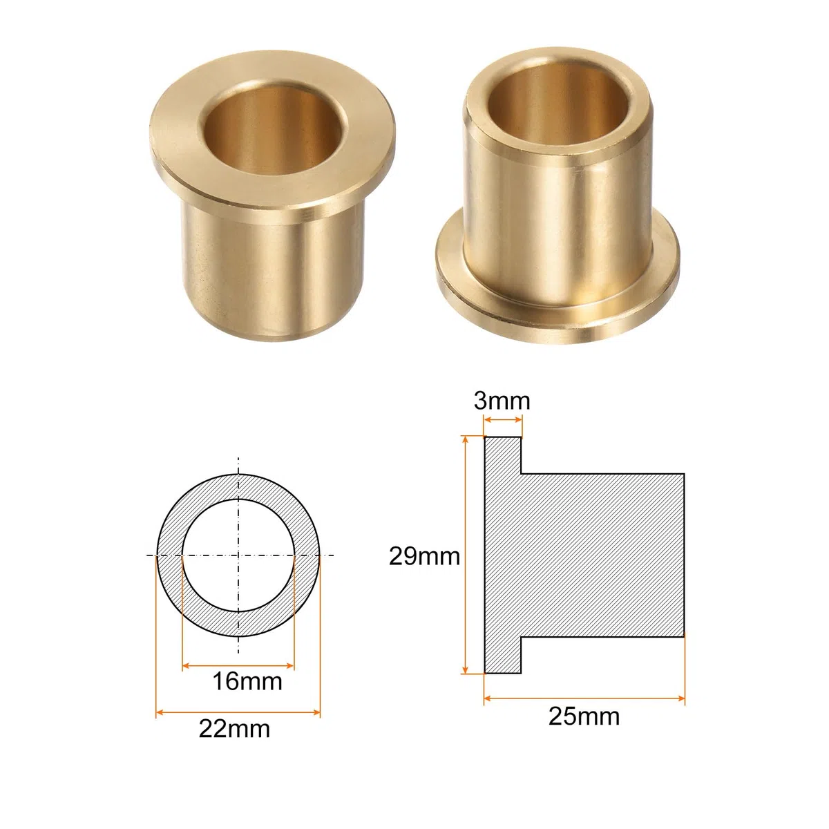 QUARKZMAN 2uds Brida Cojinete Manguito 16mm Interior Diámetro 22mm OD 25mm Longitud 3mm Brida Grosor Bronce Buje Autolubricantes Bujes Manguito para Industriales Equipos