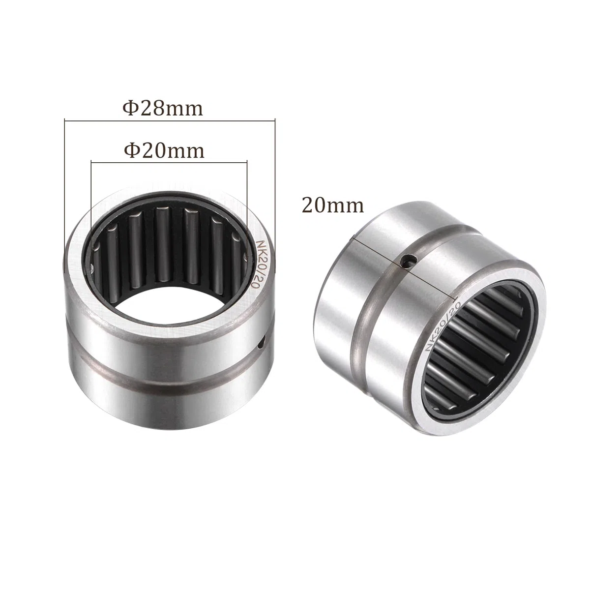 2Pcs Rodamientos de Agujas Nk20/20 - [20mm de Diámetro de Orificio x 28mm de Diámetro Exterior x 20mm de Ancho] Extremo Abierto para Equipos Agrícolas Acero Cromado