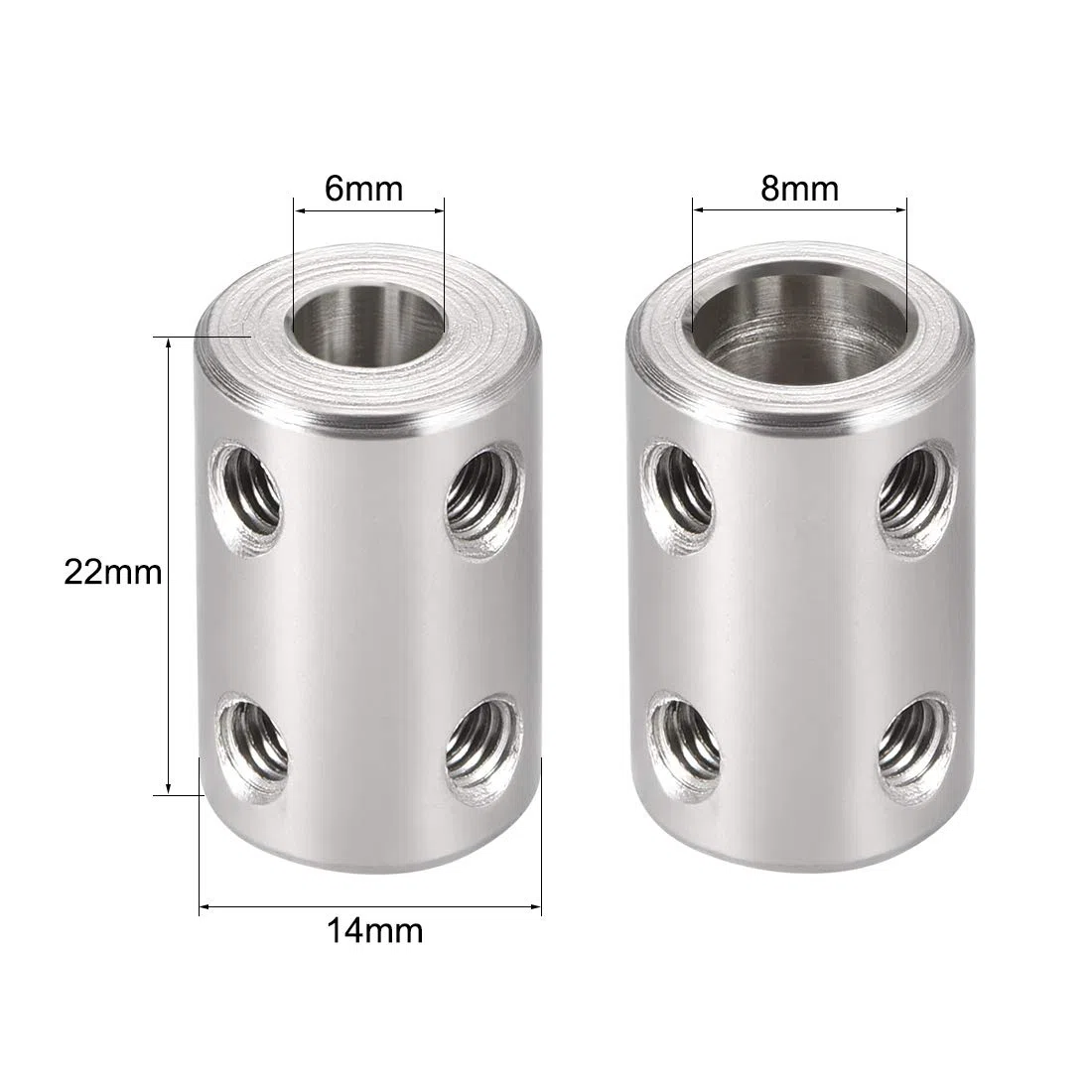 sourcing map 6mm a 8mm Interior Diámetro Rígido Acoplamiento Fijación Tornillo L22XD14 Inoxidable Acero, Eje Acoplador Conector, Motor Accesorios, 2 Piezas
