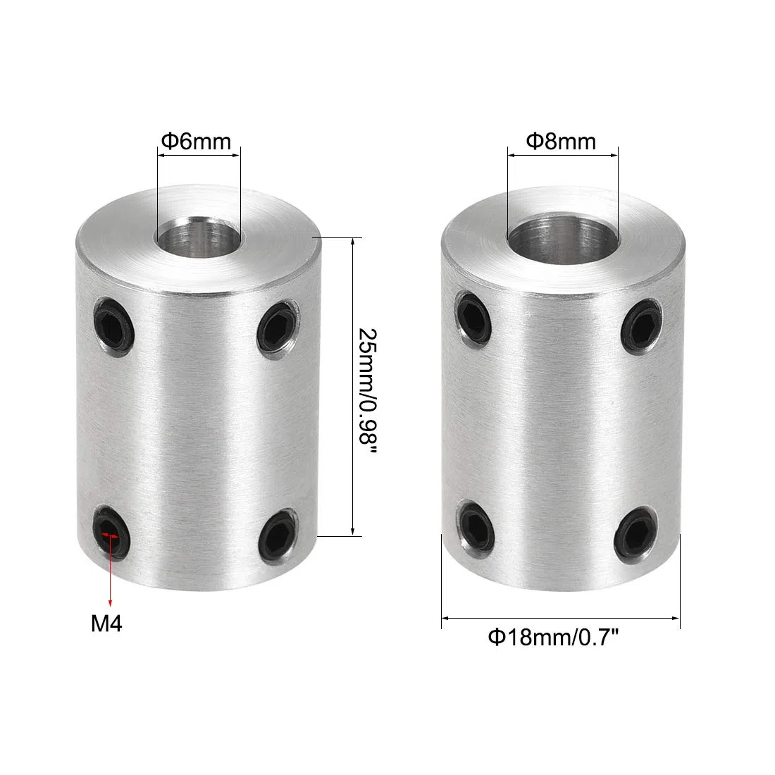 sourcing map Acoplamiento Rígido de Eje de 6mm a 8mm, Acoplador 25mm Longitud 18mm Diámetro con Tornillos, Conector de Aleación de Aluminio, Accesorios para Motor, 4 Pcs