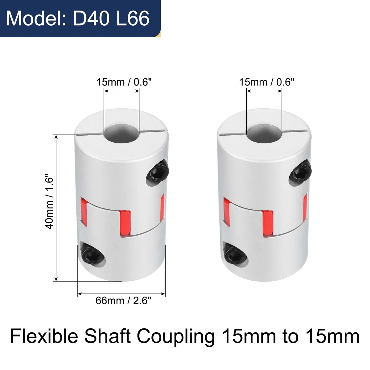 QUARKZMAN D40 L66 Acoplamiento Flexible de Eje de Ciruela de 15 mm a 15 mm Conector de Motor de Aluminio Acoplador Flexible de Araña para Impresora 3D Máquina CNC (Tono Plateado/Rojo)