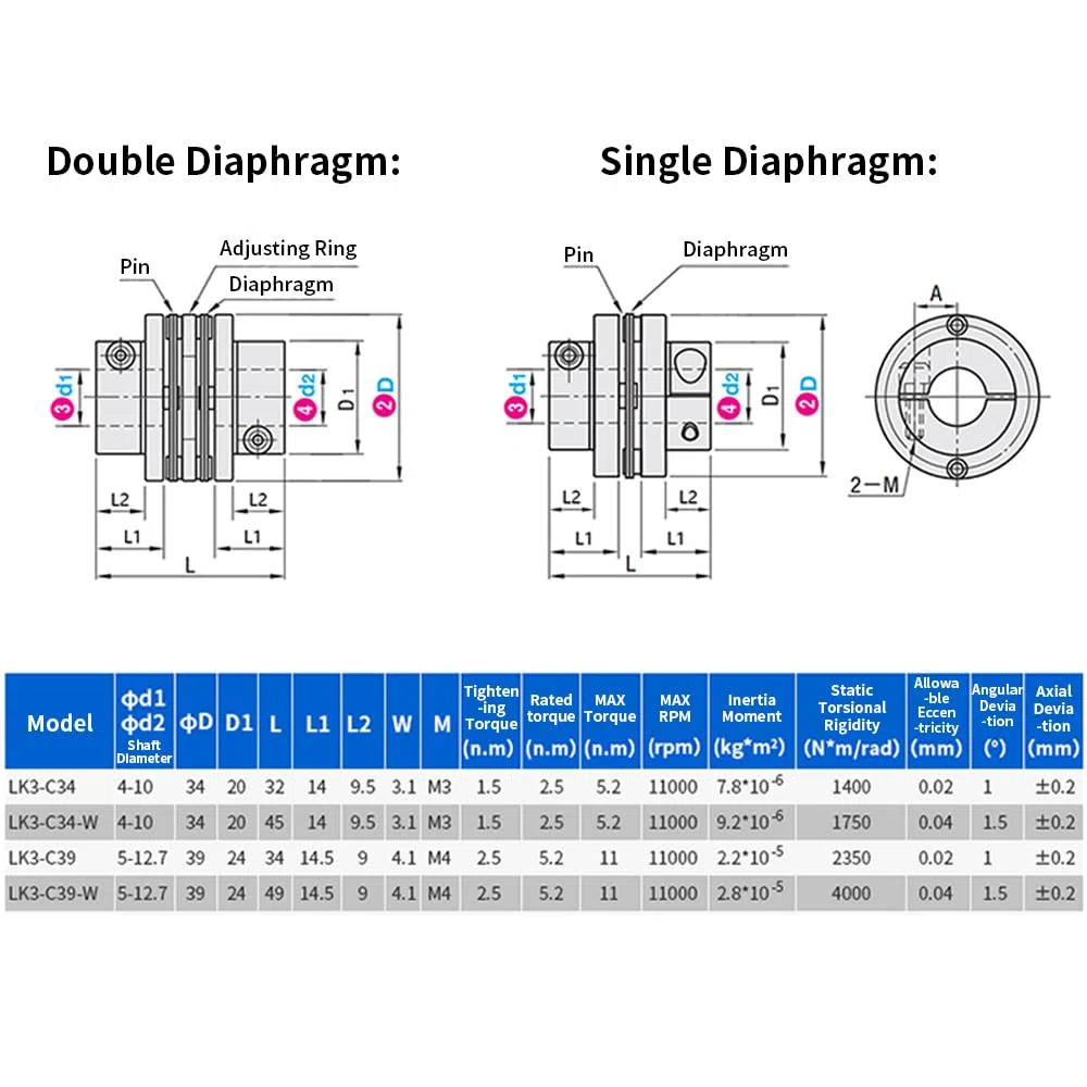 Acoplamiento De Diafragma De Brida Flexible De 6,35 mm a 10 mm, Acoplador De Eje De Motor De 2 Diafragmas De Aluminio D34 L45 Para Impresora 3D, Máquina CNC, Servomotor