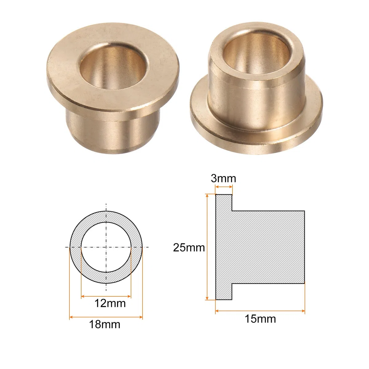 QUARKZMAN 2uds Brida Rodamiento Manguito 12mm Interior Diámetro 18mm OD 15mm Longitud 3mm Brida Grosor Bronce Rodamiento Autolubricantes Rodamientos Manguito para Industriales Equipos