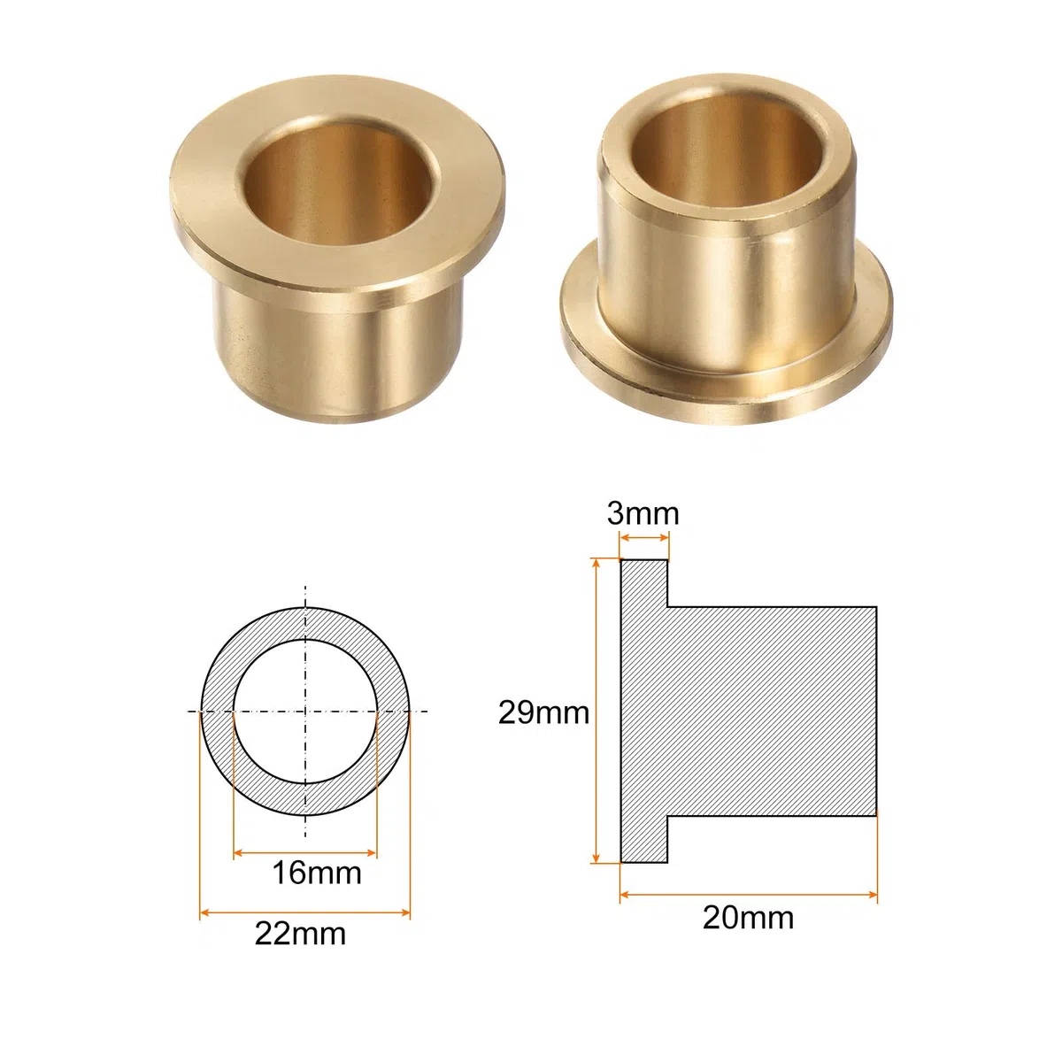 QUARKZMAN 2uds Brida Cojinete Manguito 16mm Interior Diámetro 22mm OD 20mm Longitud 3mm Brida Grosor Bronce Buje Autolubricantes Bujes Manguito para Industriales Equipos