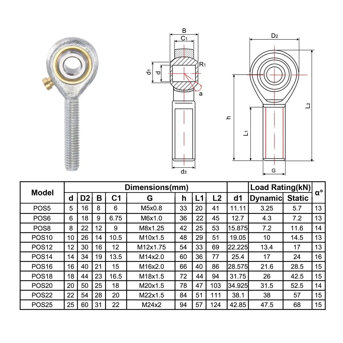 sourcing map POS16 Esférico Barra Extremo Rodamiento 16mm Diámetro Autolubricado Junta Rodamiento M16x2.0 Derecha Mano Macho Rosca Conector